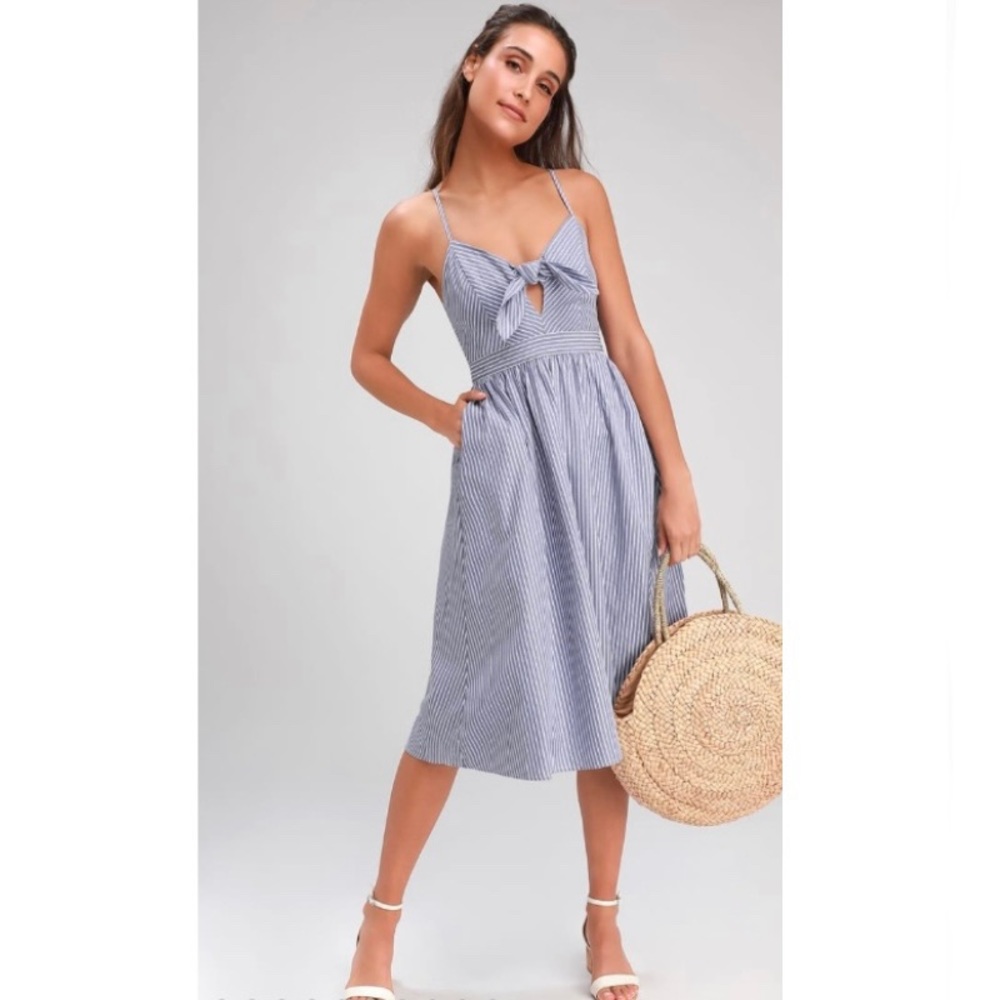 Lulus Joyful Days Blue Striped Knotted Front Midi Dress